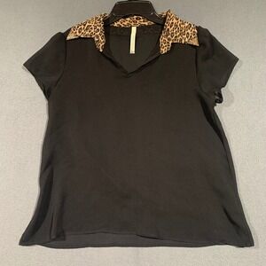 Paper Crane Sheer Black Leopard Collar Short Sleeve V Neck Blouse Women's Size S